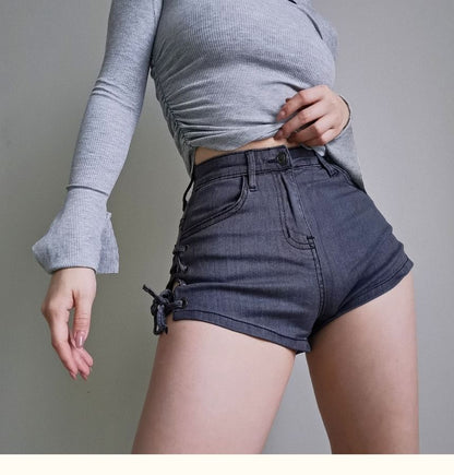 Lace Up-Side High-Waist Denim Shorts