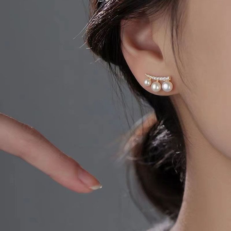 Faux Pearl Rhinestone Climber Earring