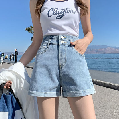 High Waist Roll Up Hem Denim Shorts