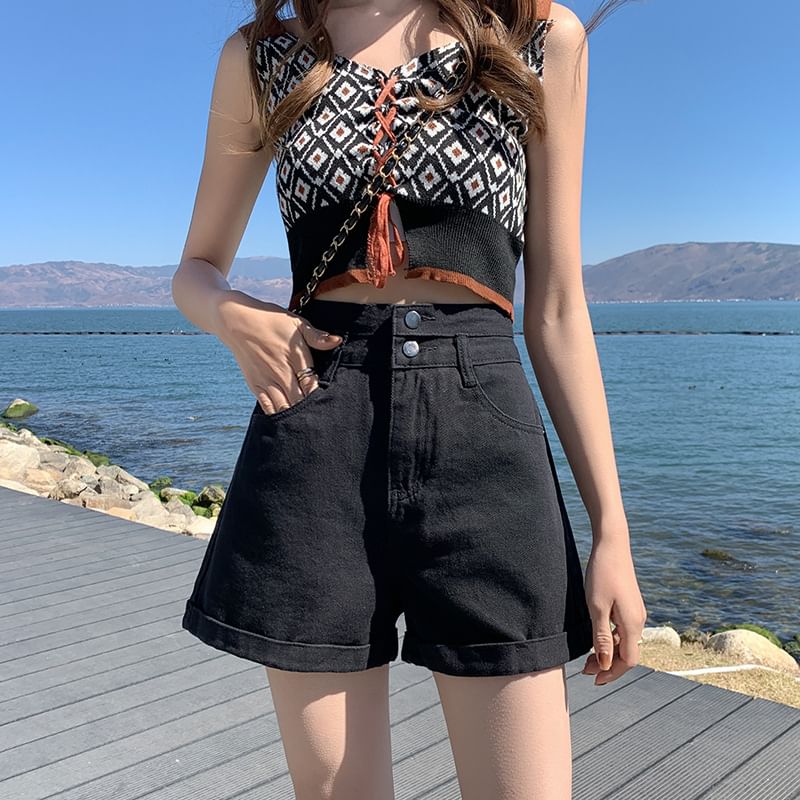 High Waist Roll Up Hem Denim Shorts