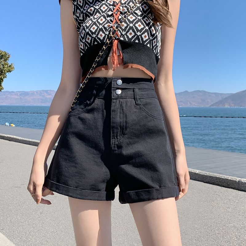 High Waist Roll Up Hem Denim Shorts