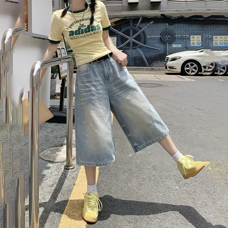 Mid Rise Washed Distressed Denim Shorts (Various Designs)