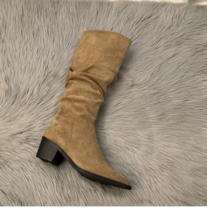Pointy Chunky Heel Tall Boots