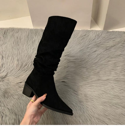 Pointy Chunky Heel Tall Boots