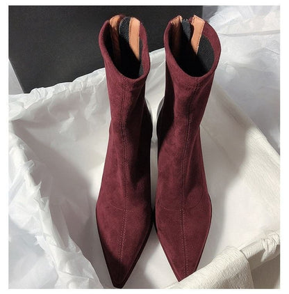 Pointy Chunky Heel Short Boots