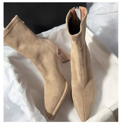 Pointy Chunky Heel Short Boots