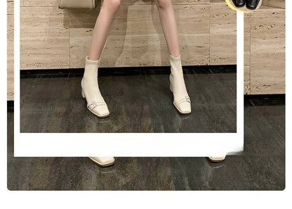 Square-Toe Chunky Heel Buckled Short Boots
