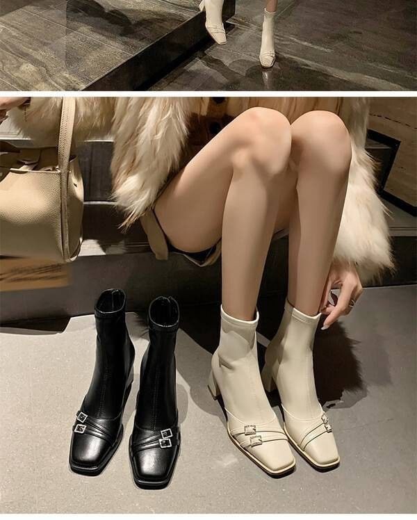 Square-Toe Chunky Heel Buckled Short Boots