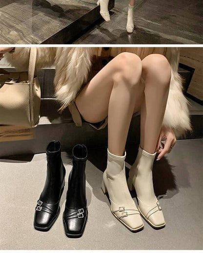 Square-Toe Chunky Heel Buckled Short Boots