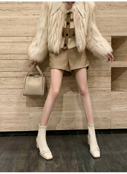 Square-Toe Chunky Heel Buckled Short Boots