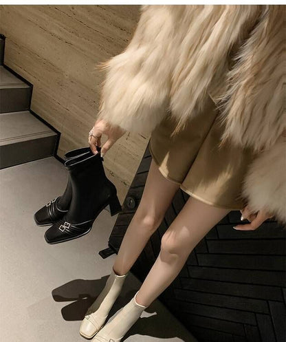 Square-Toe Chunky Heel Buckled Short Boots