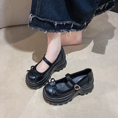 Platform Bow Accent Faux Leather Mary Jane Shoes