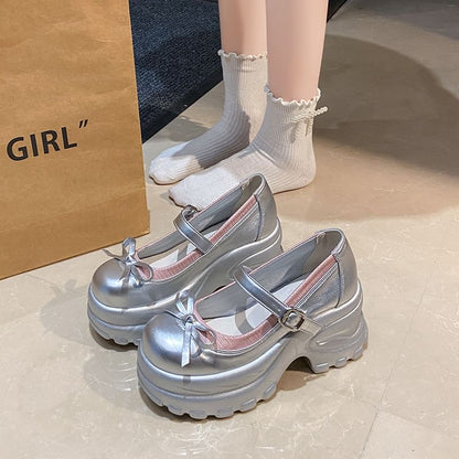 Platform Bow Accent Faux Leather Mary Jane Shoes