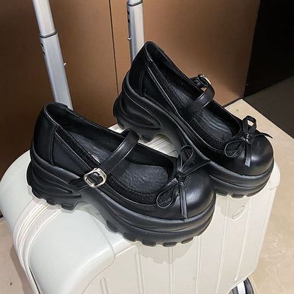 Platform Bow Accent Faux Leather Mary Jane Shoes
