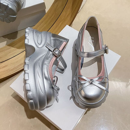 Platform Bow Accent Faux Leather Mary Jane Shoes