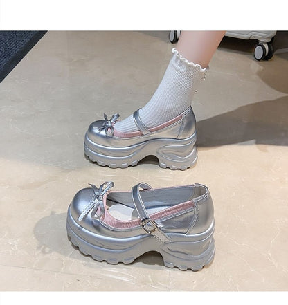 Platform Bow Accent Faux Leather Mary Jane Shoes