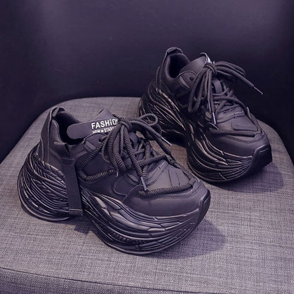Platform Plain Lace-Up Faux Leather Sneakers
