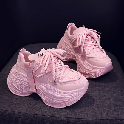 Platform Plain Lace-Up Faux Leather Sneakers