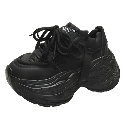 Platform Plain Mesh Panel Lace-Up Faux Leather Sneakers