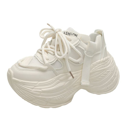 Platform Plain Mesh Panel Lace-Up Faux Leather Sneakers