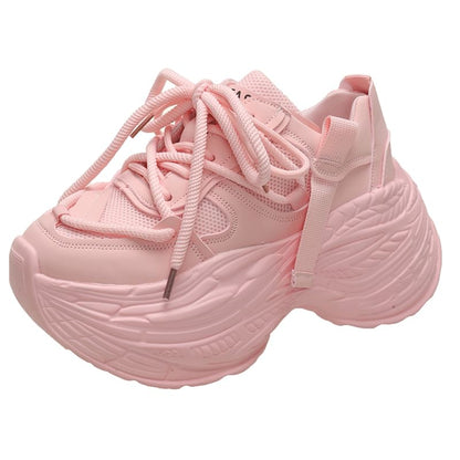 Platform Plain Mesh Panel Lace-Up Faux Leather Sneakers
