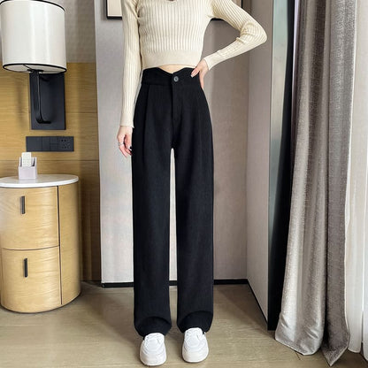 High Rise Plain Corduroy Wide Leg Slacks