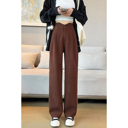 High Rise Plain Corduroy Wide Leg Slacks