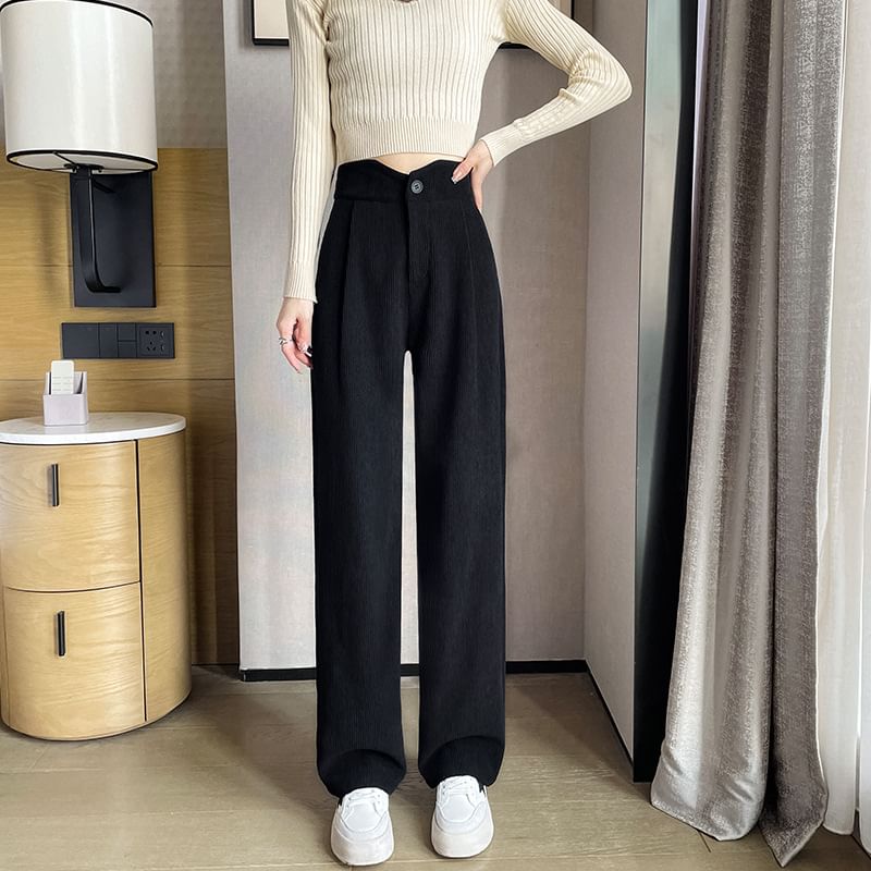 High Rise Plain Corduroy Wide Leg Slacks