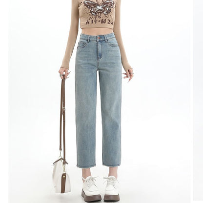 High Rise Washed Cropped Straight Leg Jeans