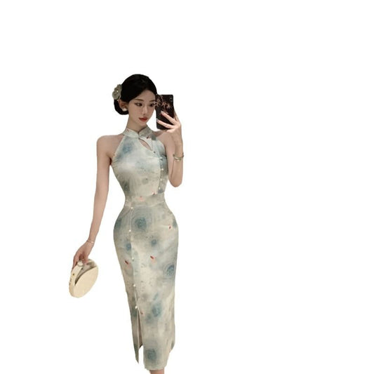 Sleeveless Halter Print Slit Midi Qipao