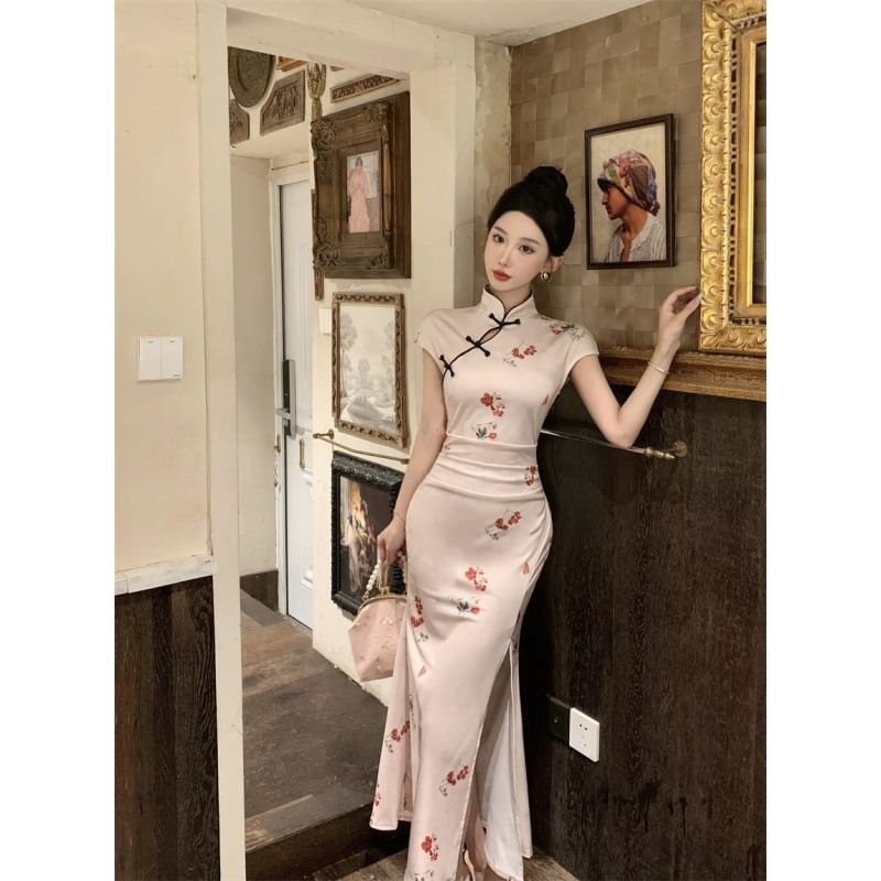 Cap-Sleeve Floral Slit Midi Qipao