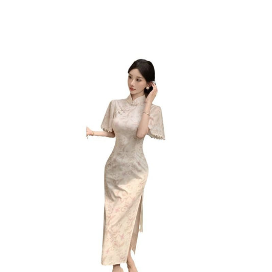 Short-Sleeve Floral Slit Midi Qipao