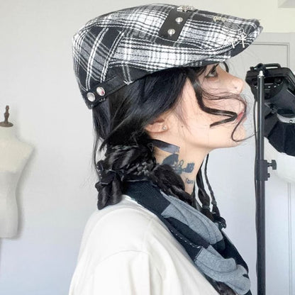 Plaid Pin Accent Newsboy Cap