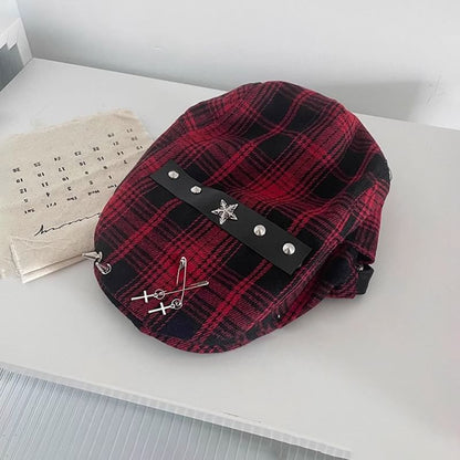 Plaid Pin Accent Newsboy Cap