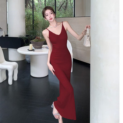 Spaghetti Dress Plain V-Neck Maxi Bodycon Strap
