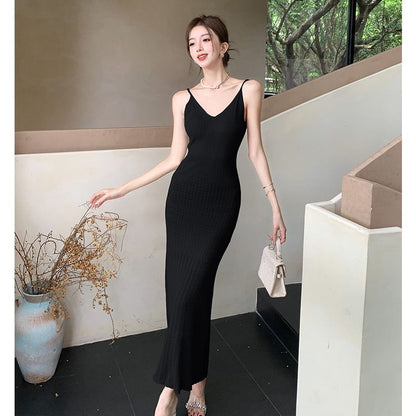 Spaghetti Dress Plain V-Neck Maxi Bodycon Strap
