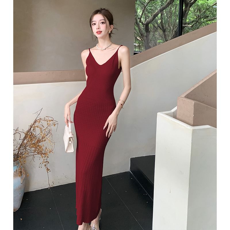 Spaghetti Dress Plain V-Neck Maxi Bodycon Strap