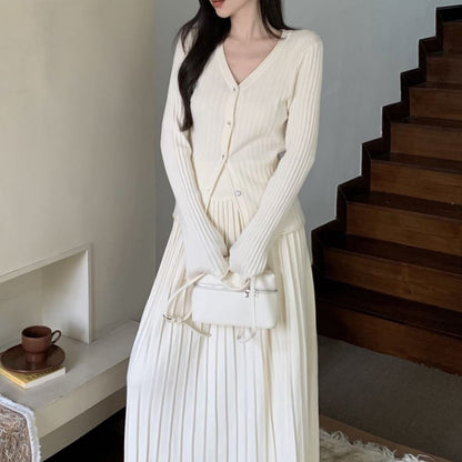 V-Neck Ribbed Cardigan & High Waist Pleated Skirt