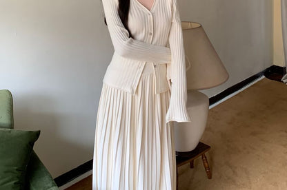 V-Neck Ribbed Cardigan & High Waist Pleated Skirt