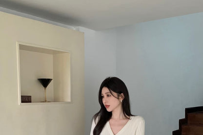 V-Neck Ribbed Cardigan & High Waist Pleated Skirt