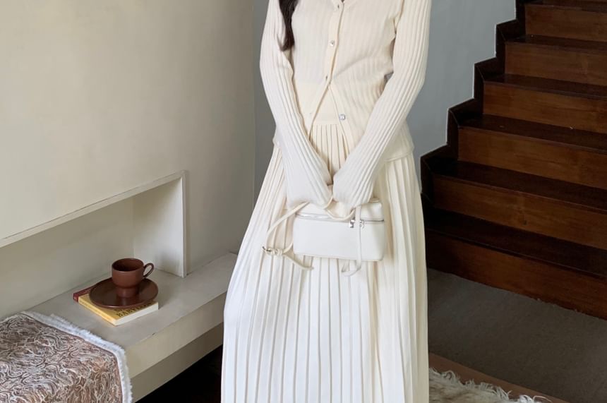 V-Neck Ribbed Cardigan & High Waist Pleated Skirt
