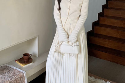V-Neck Ribbed Cardigan & High Waist Pleated Skirt