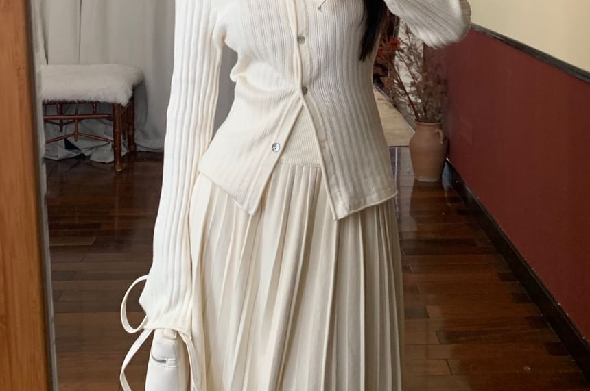 V-Neck Ribbed Cardigan & High Waist Pleated Skirt