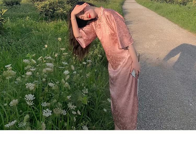Elbow-Sleeve Floral Side-Slit Maxi Qipao