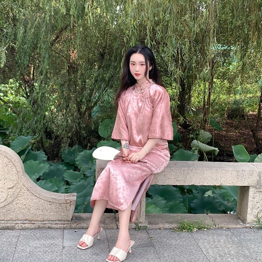 Elbow-Sleeve Floral Side-Slit Maxi Qipao