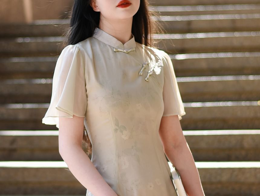 Short-Sleeve Floral Drawstring Maxi Qipao