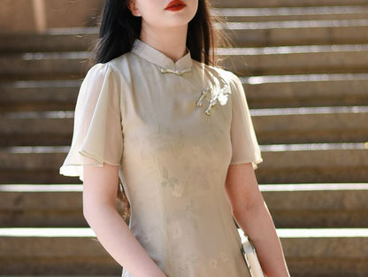 Short-Sleeve Floral Drawstring Maxi Qipao