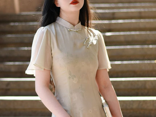 Short-Sleeve Floral Drawstring Maxi Qipao