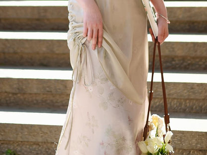 Short-Sleeve Floral Drawstring Maxi Qipao