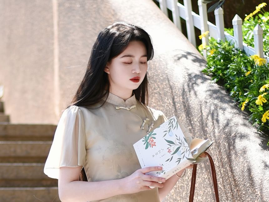 Short-Sleeve Floral Drawstring Maxi Qipao
